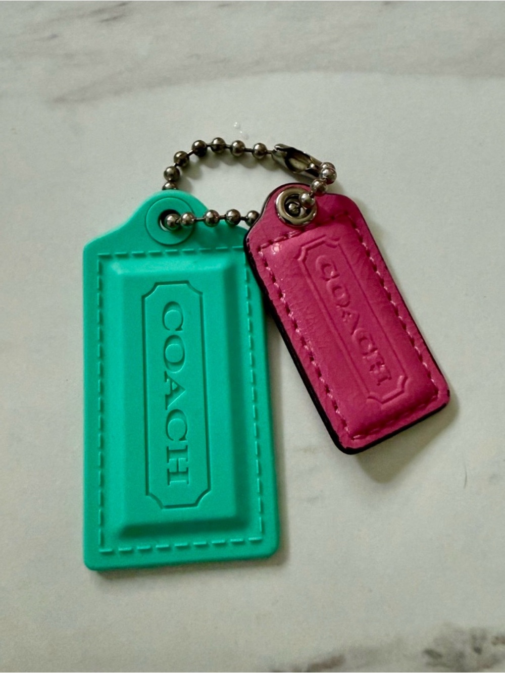 Coach Rubber like Teal & Pink Patent Leather Hang Tags